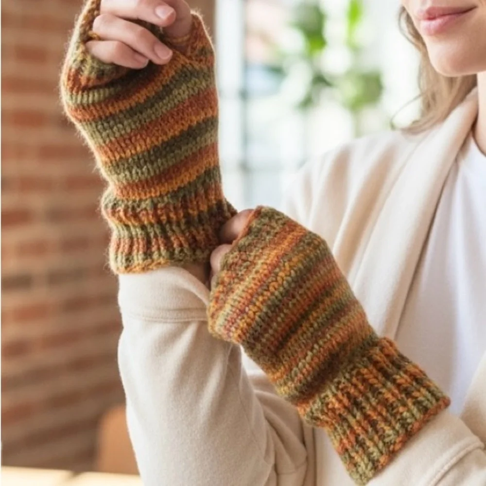 Gloves Fingerless Hand Crafted Colorful Striped Orange Greens Rust Ribbed